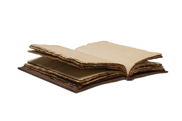 An open empty old notebook isolated on a white background.