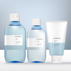 Vector Alcohol, Hair Shimmer, Fragrance, Antibacterial, Aroma Water Spray or Pump Bottle and Hand Cream Packaging. Transparent Light Blue and White