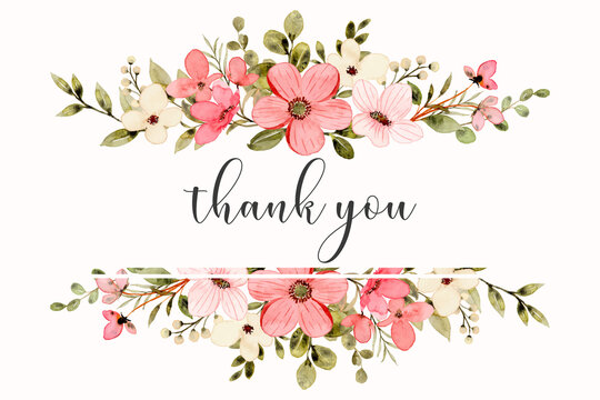 Thank you card with white pink watercolor flowers Stock Vector | Adobe Stock