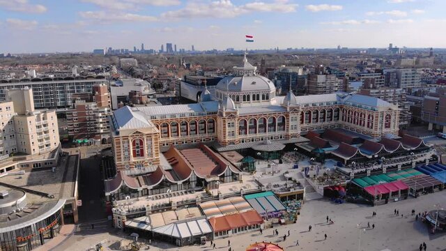  tha hague netherlands march 2020 aerial bird view on a flag on the top of kurhaus