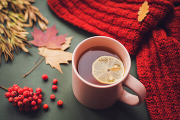 A cup of hot tea with lemon. Warming autumn drink. Autumn
