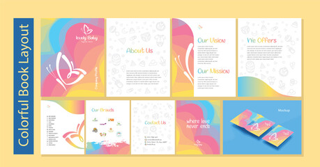 Fototapeta na wymiar Colorful and attractive brochure book layout design with blend pattern and gradient for baby product brands, kids brands, kids and nursery schools, clothing, playful, fun business designs
