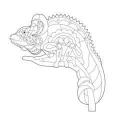 Contour linear illustration for coloring book with decorative chameleon. Beautiful reptile,  anti stress picture. Line art design for adult or kids  in zen-tangle style, tattoo and coloring page.
