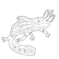 Contour linear illustration for coloring book with decorative axolotl. Beautiful animal,  anti stress picture. Line art design for adult or kids  in zen-tangle style, tattoo and coloring page.