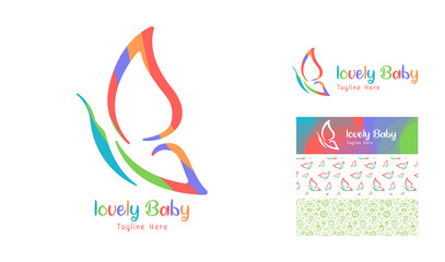 Attractive colorful butterfly love logo  with pattern and theme using letter L with baby icon pattern using colors red, blue, pink, orange, green for baby product brand, preschool nursery designs