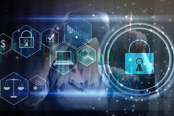 Person using a laptop computer with technology cybersecurity and privacy concept. protection and safe data for global network security