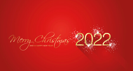 Merry Christmas beautiful calligraphy New Year 2022 new shape shining firework gold white red greeting card