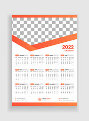 One Page Wall Calendar Design 2022. Wall Calendar Design 2022. New Year Calendar Design 2022. Week starts on Monday.  Template for Annual Calendar 2022
