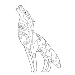 Contour linear illustration for coloring book with decorative wolf. Beautiful animal,  anti stress picture. Line art design for adult or kids  in zen-tangle style, tattoo and coloring page.