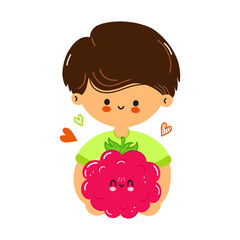 Cute funny boy hold raspberries in hand. Little boy hugs cute raspberries. Isolated on white background