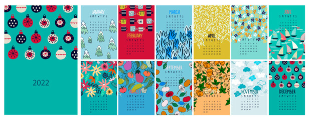 Calendar vector template for year 2022. Separate pages for 12 months. Each month has season specific decoration, including season flowers, fruit, weather, leisure activities. Isolated calendar dates - obrazy, fototapety, plakaty