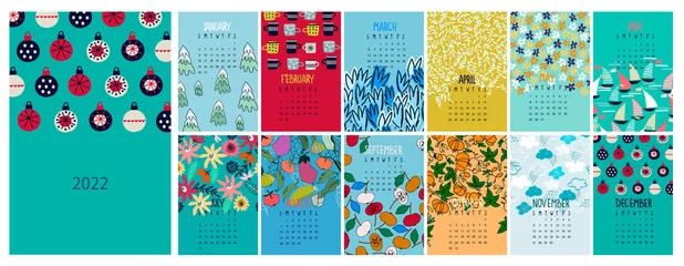 Fotobehang Calendar vector template for year 2022. Separate pages for 12 months. Each month has season specific decoration, including season flowers, fruit, weather, leisure activities. Isolated calendar dates © Blooming Sally