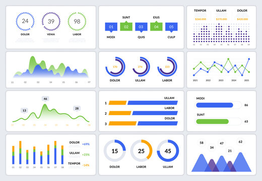 Dashboard UI infographic. Web presentation screen data graphs HUD diagrams, modern app interface. Vector illustration