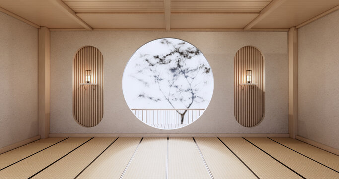 Circle shelf wall design on empty  Living room japanese deisgn with tatami mat floor. 3D rendering