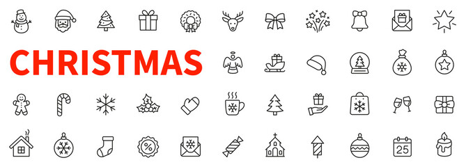 Christmas line icon collection. Holiday symbol. Outline Xmas icons set. Santa claus, gift, angel, box, bow, bell, christmas tree, fireworks, snow, snowman, bag and more - stock vector.