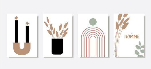Set of vector art paintings. Posters for the house in the style of minimalism, boho, hygge. Abstract design, plants, ear, candle, man. For prints, covers, wallpapers, minimalist and natural wall art.
