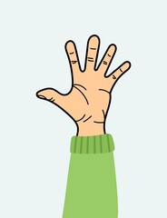 The hand gesture is an open palm and five fingers. For use on textiles, packaging paper, souvenirs, printing, posters, postcards.