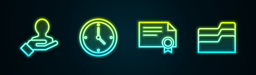Set line Hand for search a people, Clock, Certificate template and Document folder. Glowing neon icon. Vector
