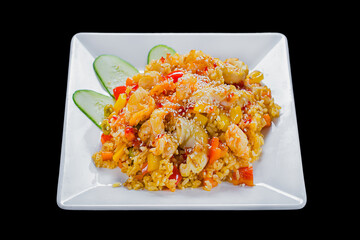 vietnamese cuisine, udon wok with seafood, on a black isolated background, top