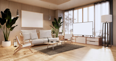Cabinet in Living room with tatami mat floor and sofa armchair design.3D rendering