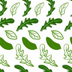 Arugula and basil leaves pattern on a white background. For use on textiles, packaging paper, souvenirs, printing, posters, postcards.
