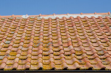House: building with pitched roof with brick tiles, visible the upper pitch line and ridge tiles.