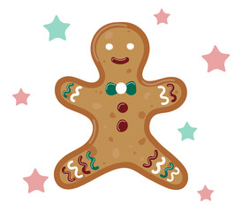 Cute ginger man isolated. Christmas traditional gingerbread decorated. Funny sweet cookie character. Vector hand drawn illustration.