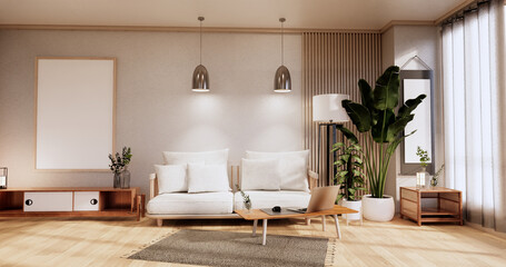 Cabinet in Living room with tatami mat floor and sofa armchair design.3D rendering
