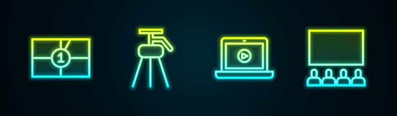 Set line Old film movie countdown frame, Tripod, Online play video and Cinema auditorium with screen. Glowing neon icon. Vector