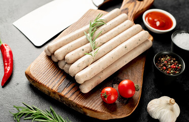 raw bavarian sausages on a stone background