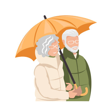 Elderly Couple. Elderly Man And Woman Are Walking With An Umbrella. Active Lifestyle. Vector Illustration In A Flat Style On A White Background.