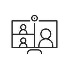 Laptop with people on screen communicating on video chat. Video conference and online meeting concept. Distance work and learning. Vector illustration. Laptop, computer, chatting, conferencing