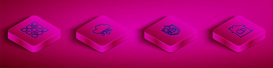 Set Isometric line Graphic password protection, Internet of things, System bug and Smart home icon. Vector