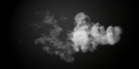 White smoke puff isolated on transparent black background. PNG. Steam explosion special effect. Effective texture of steam, fog, smoke png. Vector.