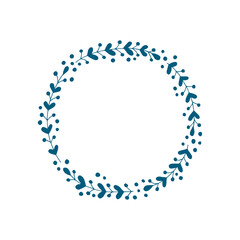 Silhouette of a wreath of branches with leaves and berries. Round frame from plants. Summer. Spring. Vector. Doodle. Hand-drawn illustration.