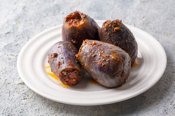 Traditional delicious Turkish foods; eggplant stuffed (patlican dolmasi)