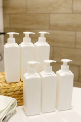 Variety house cleaning product on table with copy space