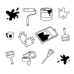 Tools for drawing in the interior. Repair work. Vector set of illustrations with doodles on a white background. Paint, roller, brushes. Drawings for decoration on the construction theme.