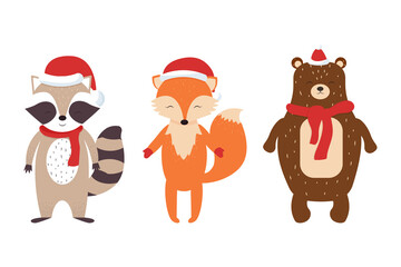 Set of cute animals fox, racoon, bear in Christmas