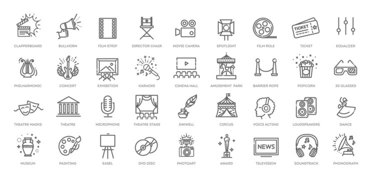 Entertainment - outline web icon collection, vector, thin line icons collection