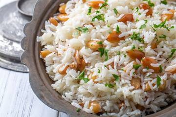 Traditional delicious Turkish food; Almond rice pilaf (Turkish name; Bademli pirinc pilavi)