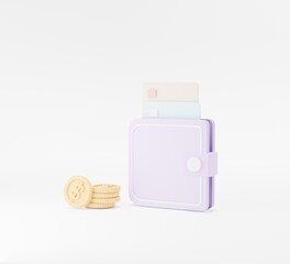 3D minimal money saving concept. wallet and coins, credit card on white background, 3d icon.