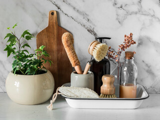 Kitchen interior in the Scandinavian style. Eco products and appliances for washing dishes on a light background