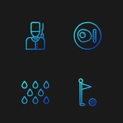 Set line Golf flag, Water drop, British soldier and breakfast. Gradient color icons. Vector
