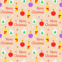 Seamless Christmas pattern. Merry Christmas and Happy New Year. Vector graphics. EPS 10. Candles, chase, flame. Design of invitations, cards, banners. For printing on paper and fabric. 