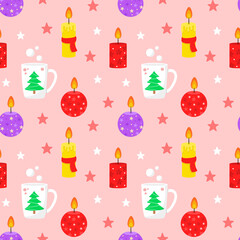 Seamless Christmas pattern. Merry Christmas and Happy New Year. Vector graphics. EPS 10. Candles, chase, flame. Design of invitations, cards, banners. For printing on paper and fabric. 