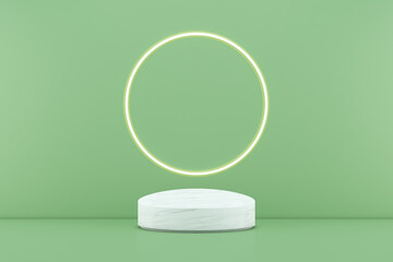 3d rendering white podium on green background and circle light line