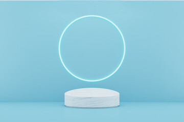 3d rendering white podium on blue background and circle light line.