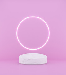 3d rendering white podium on pink background and circle light line.