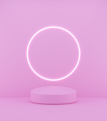 3d rendering pink podium on pink background and circle light line